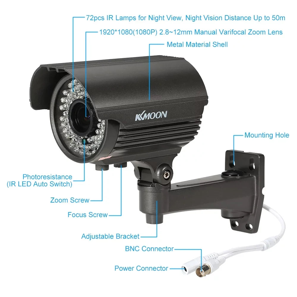 Walmeck 1080P  Bullet  Analog Camera 2.8~12mm Manual Zoom Varifocal Lens 1/3” for Sony  2.0MP - 72   Night Vision Weatherproof Indoor Outdoor   System