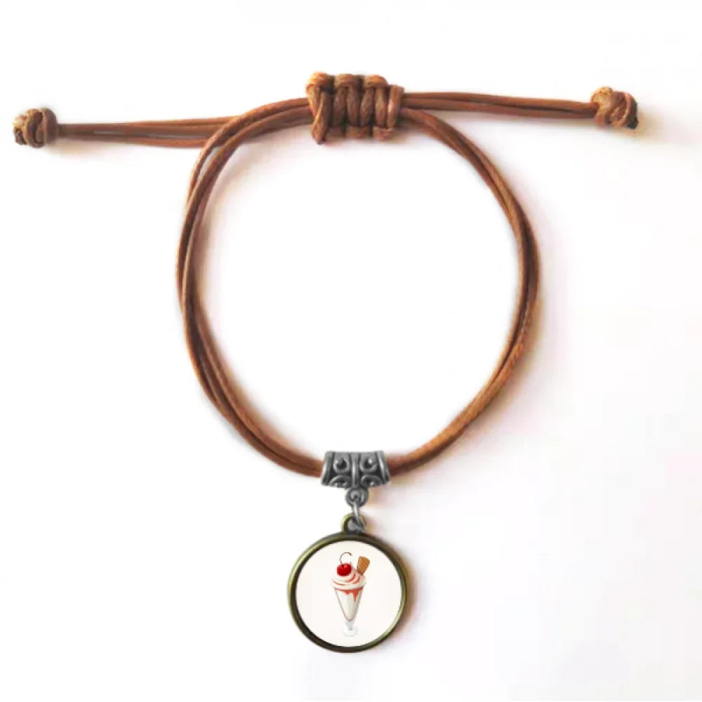Cherry Conical Cup Sweet Ice Bracelet Leather Hide Rope Wristband Brown Jewelry