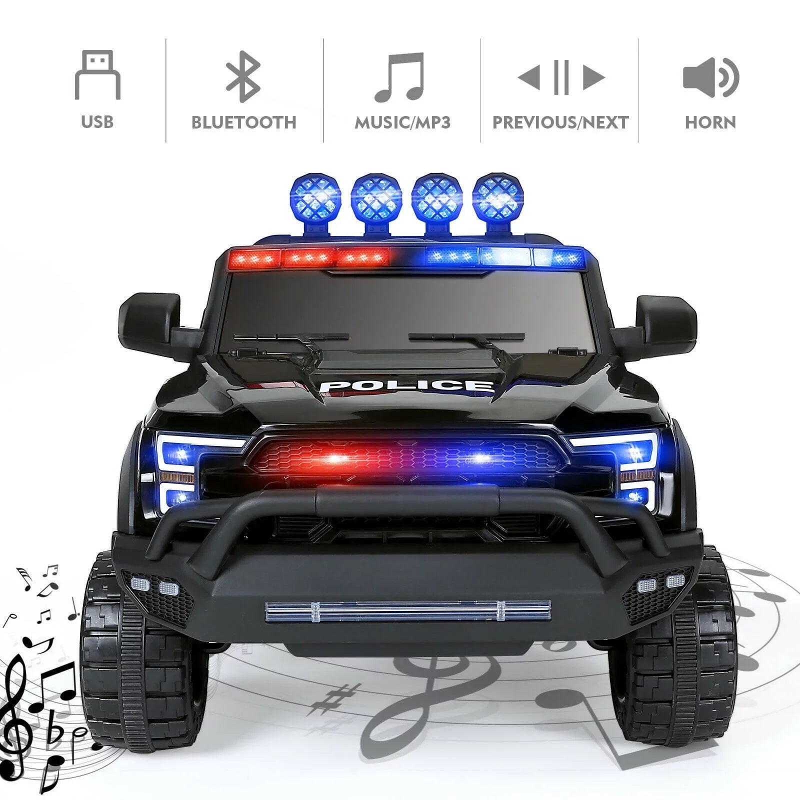 6 Wheels 12V Kids Ride on Police Car Toy with Remote Control (Black)