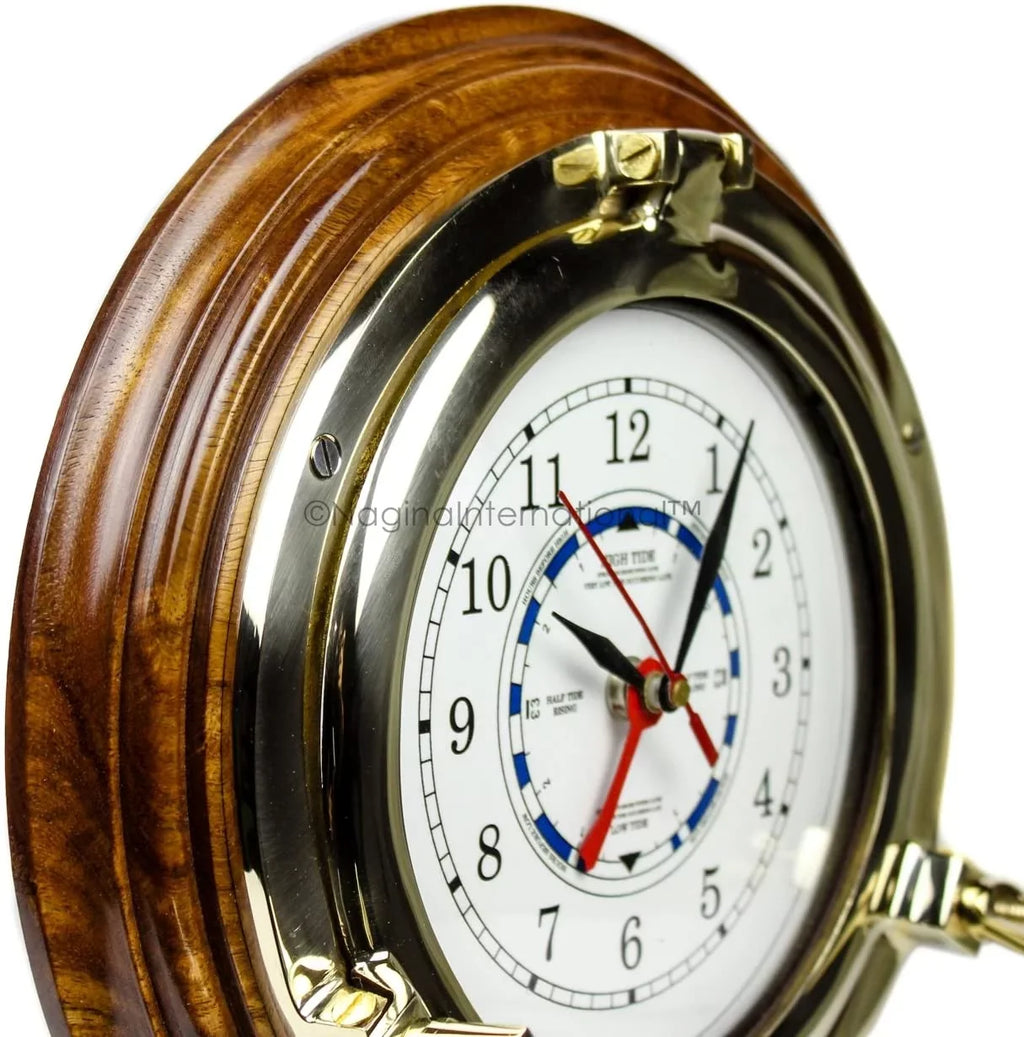 Nagina International 10" Premium Wooden Based Nautical Brass Ship's Porthole Time's Quartz Clock | Pirate Home Decorative Wall Hanging