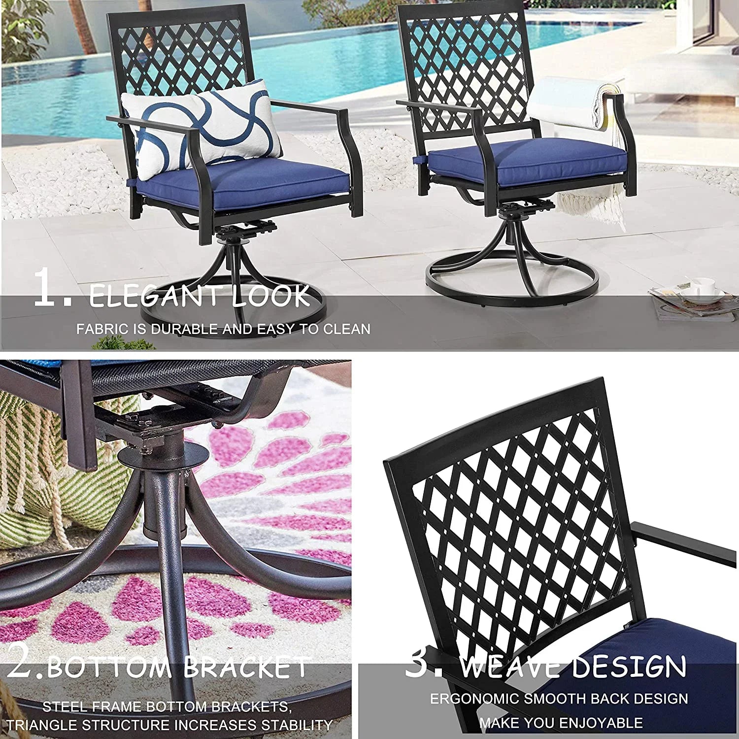 Patio Swivel Rocker Chairs Furniture Metal Outdoor Dining Chairs With Cushion Set Of 2