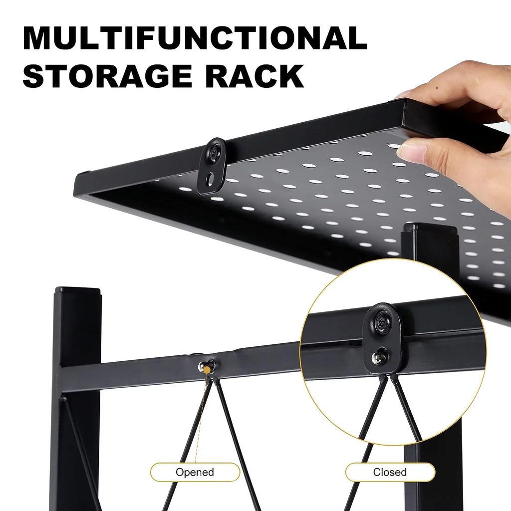 4-Tier Foldable Storage Shelf with Wheels - Metal Collapsible Shelving Unit Display, Rolling Cart for Books Kitchen Storage Shelves, Pantry & Closet Organizer, Office Room Decor - Black
