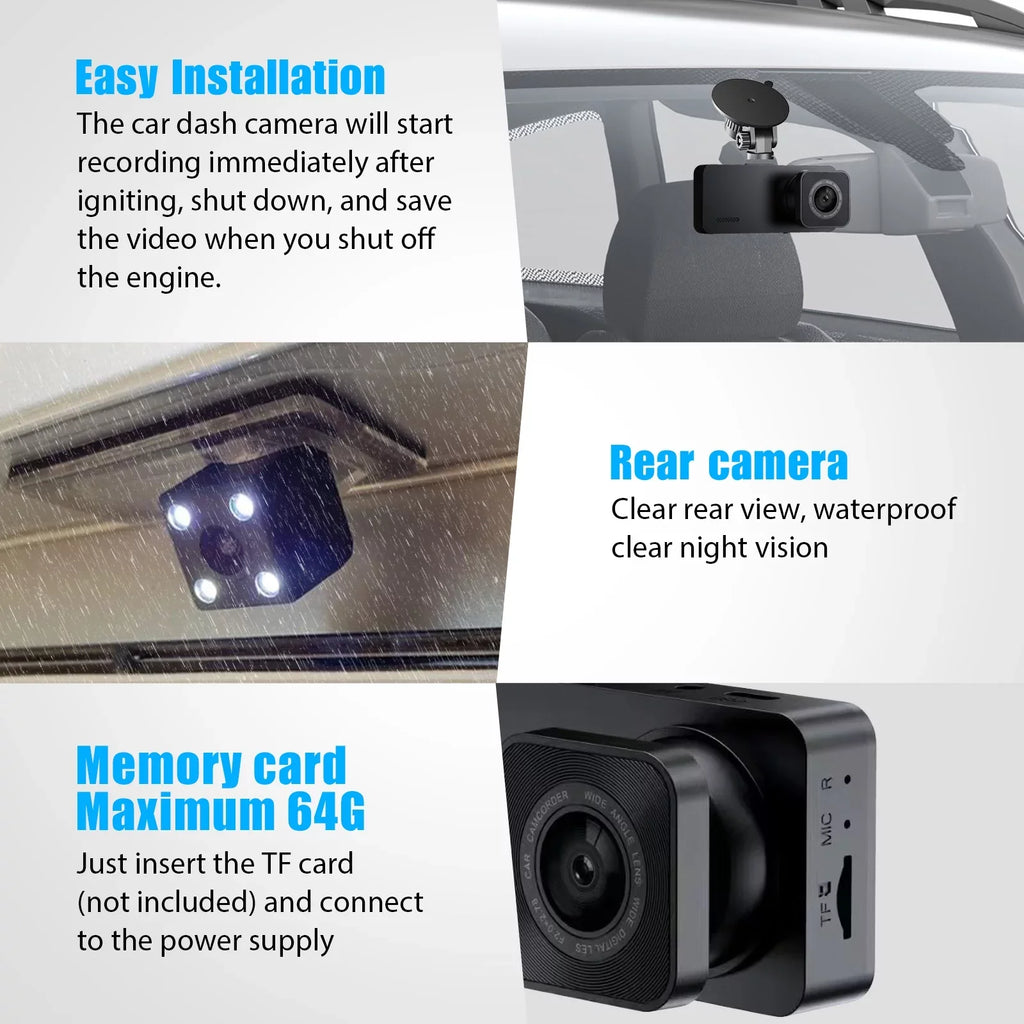 Dash Cam Front and Rear,  3 Channel Dual Dash Camera, 1080P  Screen Car Camera  Backup Cam with Night Vision