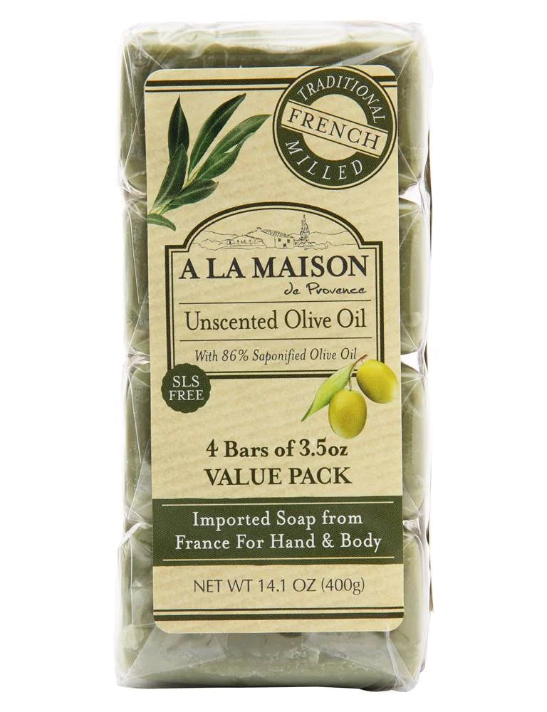 A La Maison De Provence Unsc ented Olive O il Hand and Body Bar So ap, 3.5 Ounce - 4 count per pack -- 1 each.