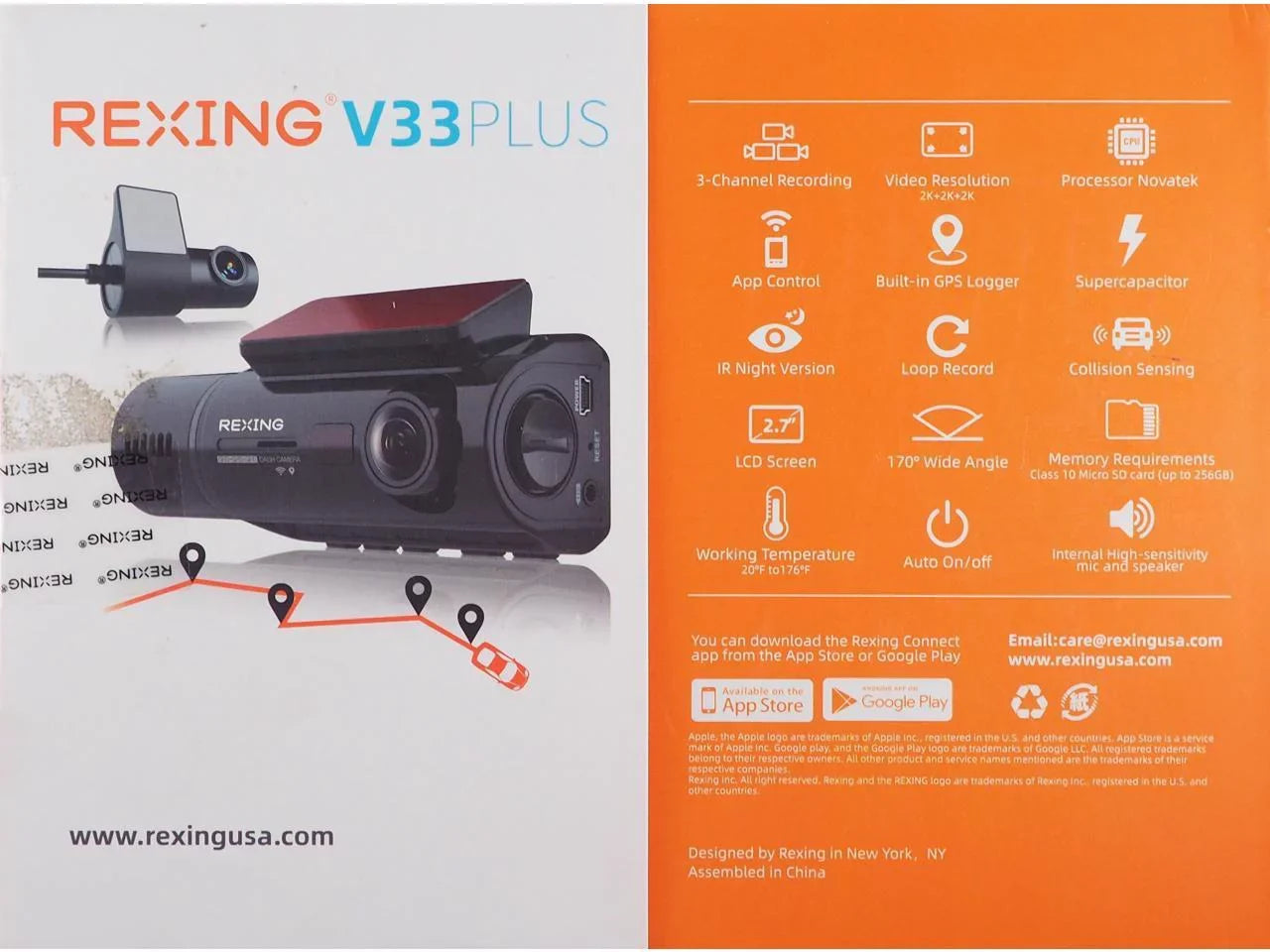 Rexing V33 3 Channel 1440p+1440p+1440p Resolution Dashcam with  Front +Cabin +Rear camera,  -V33