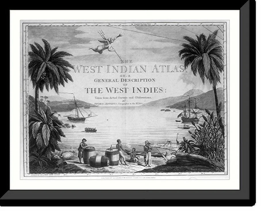 Historic Framed Print, [A scene in the West Indies showing Natives on the beach with a British sailor and three large casks, and two ships in the harbor], 17-7/8" x 21-7/8"