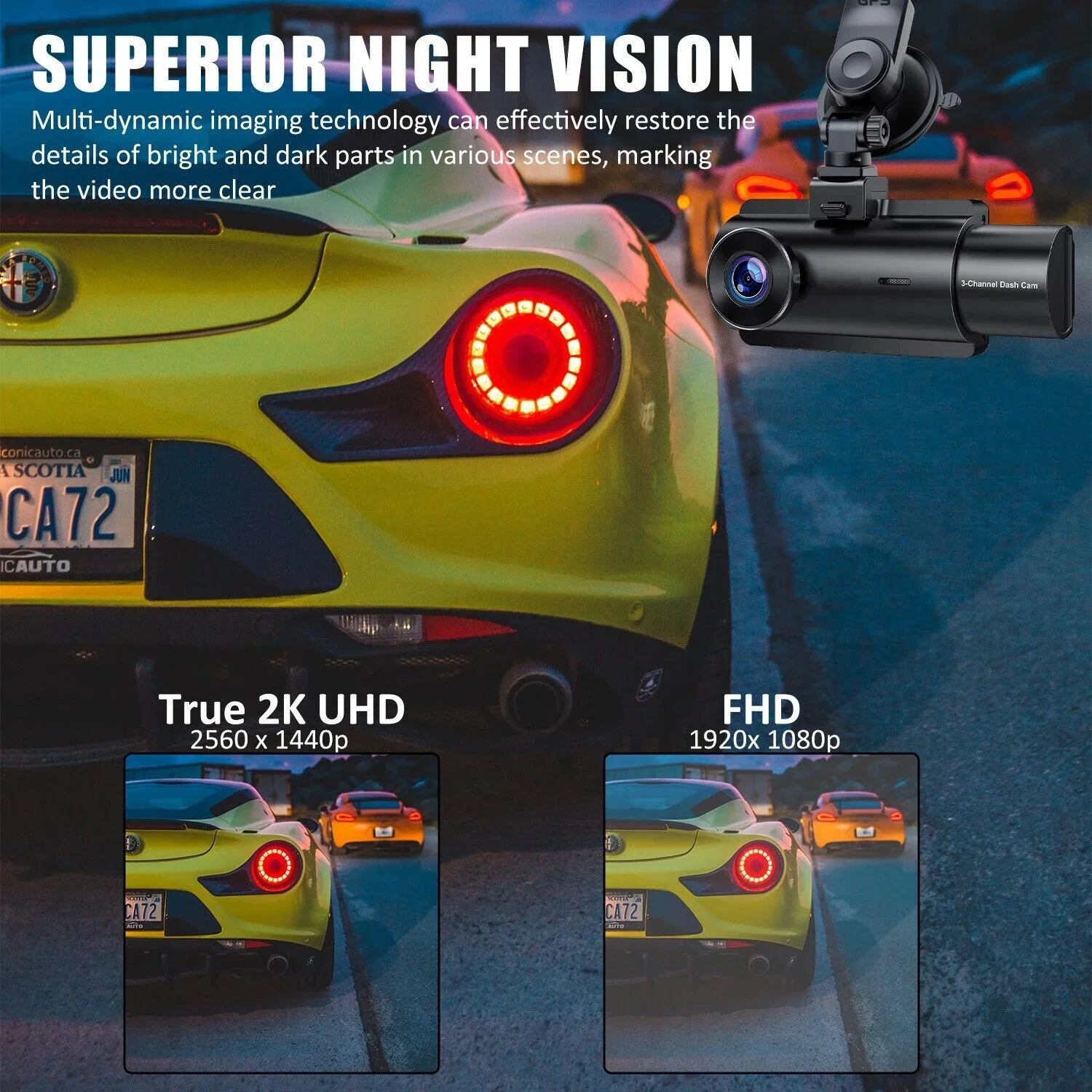 3 Lens Cars True 4K Dual Dash Camera Front & Rear WiFi& Track Video Recorder