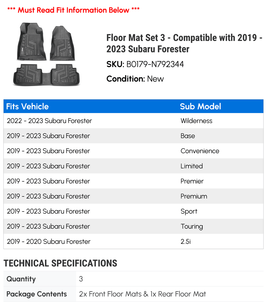 Floor Mat Set 3 - Compatible with 2019 - 2023 Subaru Forester 2020 2021 2022