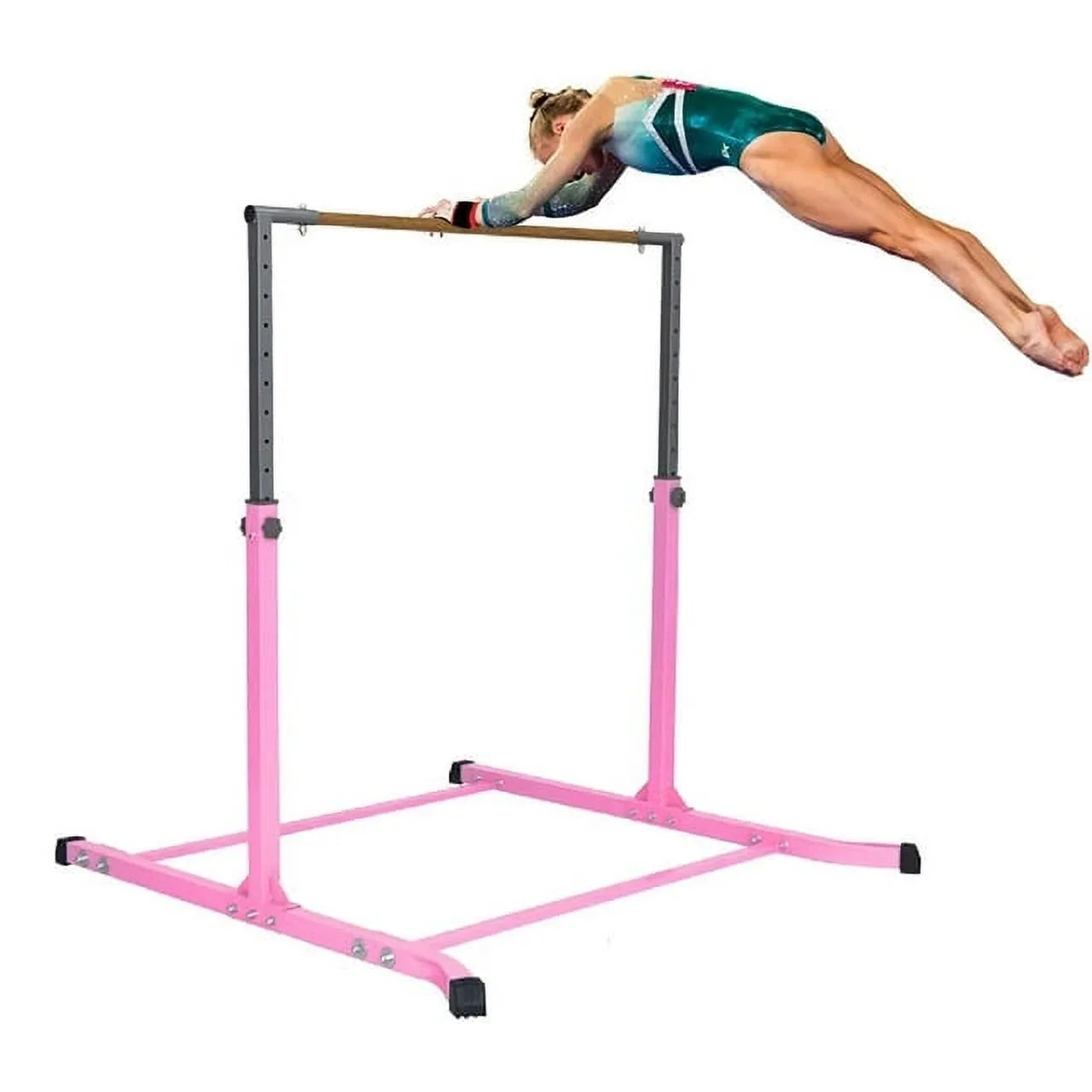 5-Star  Pink Gymnastic Kip Bar, Adjustable 3-5FT, Kids Junior Training, Heavy-Duty, Curved Legs, Home Gym Equipment