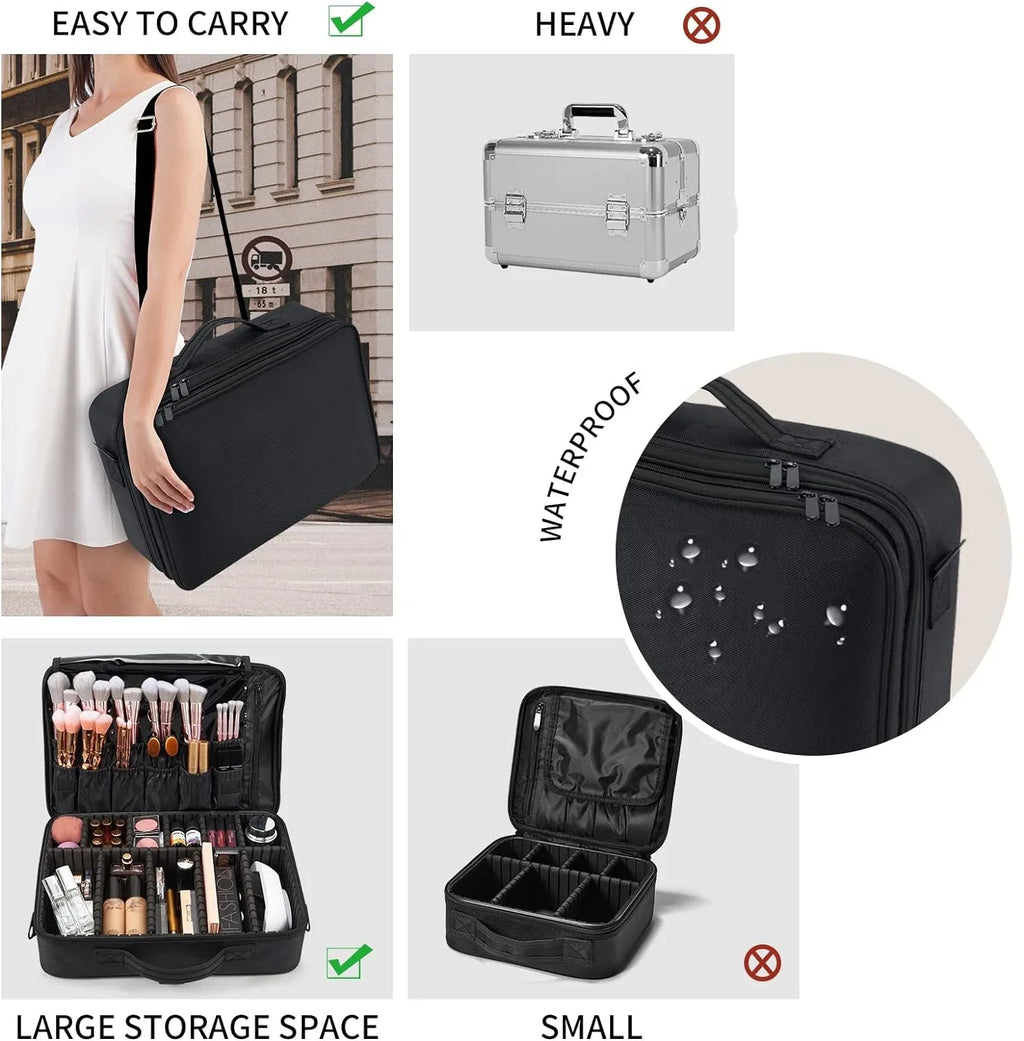 Extra Large Travel Makeup Bag Cosmetic Case Organizer Beauty Train Case with Shoulder Strap and Dividers Compartment, Black