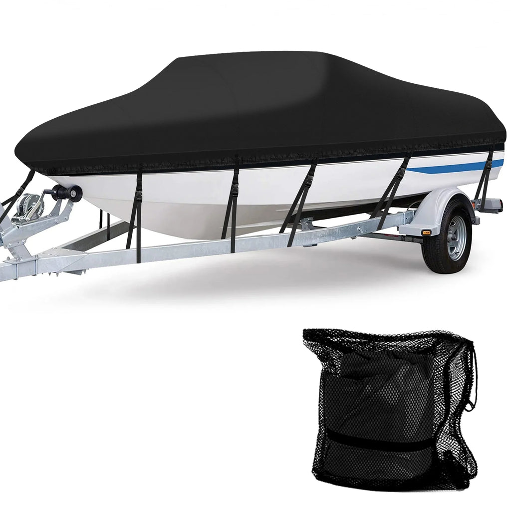 AngLink 17 - 19 ft Waterproof Boat Cover - Heavy Duty 600D Polyester Oxford All Weather Protection Bass Runabout Boat Cover, Durable and Trailerable, Fit for Fishing Boat V-Hull -Hull | Black