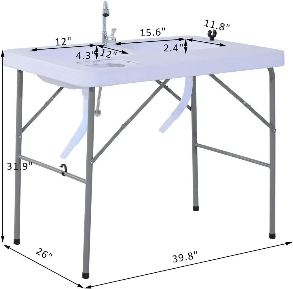 Folding Camping Table with Faucet and Dual Water Basins, Outdoor Fish Table Sink Station, for Picnic, Fishing, 40''