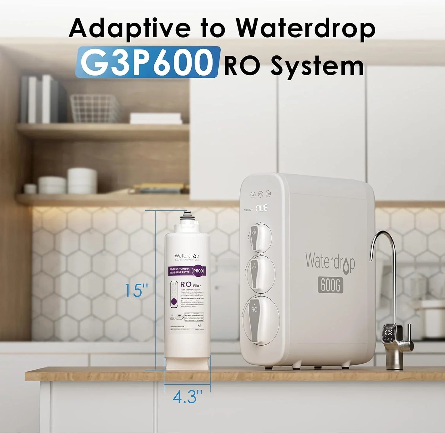 Waterdrop -G3P600- Filter,  Certified, Replacement for -G3P600 Reverse Osmosis System, 2-year Lifetime