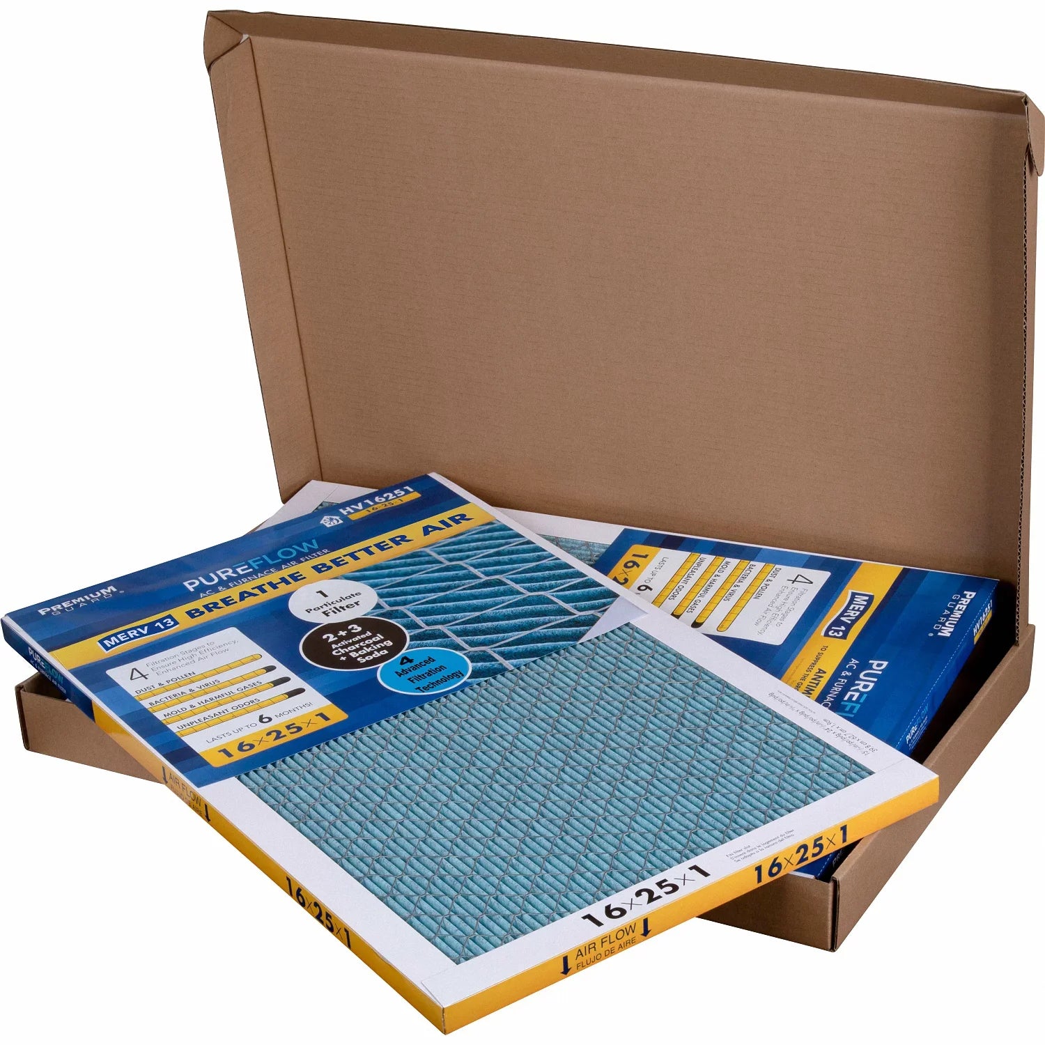 PureFlow, Home Furnace Air Filter 16x25x1, with 4 Layers of Advanced Filtration Technology, -13 Pack-of-2
