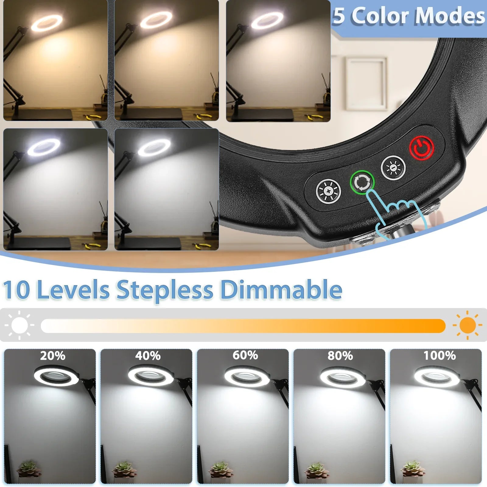 10X Magnifying Glass with Light and Stand, 2-in-1  Magnifying Desk Lamp with Clamp, 5 Color Modes Stepless Dimmable, Hands Free Lighted Magnifier for Craft, Painting, Close Work, Sewing