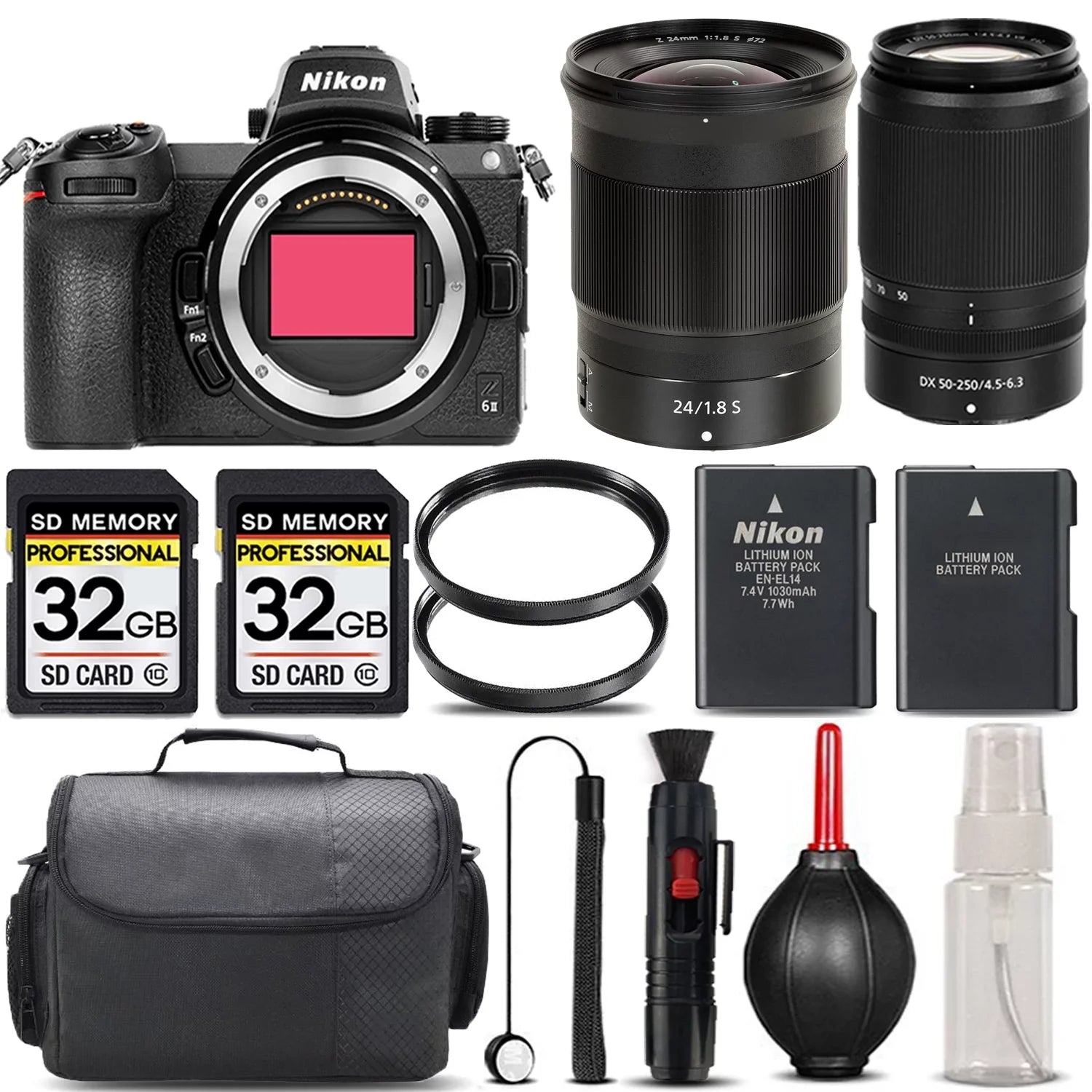 Nikon Z6  Mirrorless with 50-250mm f/4.5-6.3  Lens + 24mm f/1.8 S Lens + 64GB Storage +  Filter + Backup Battery + Case + Cleaning Kit - International Version