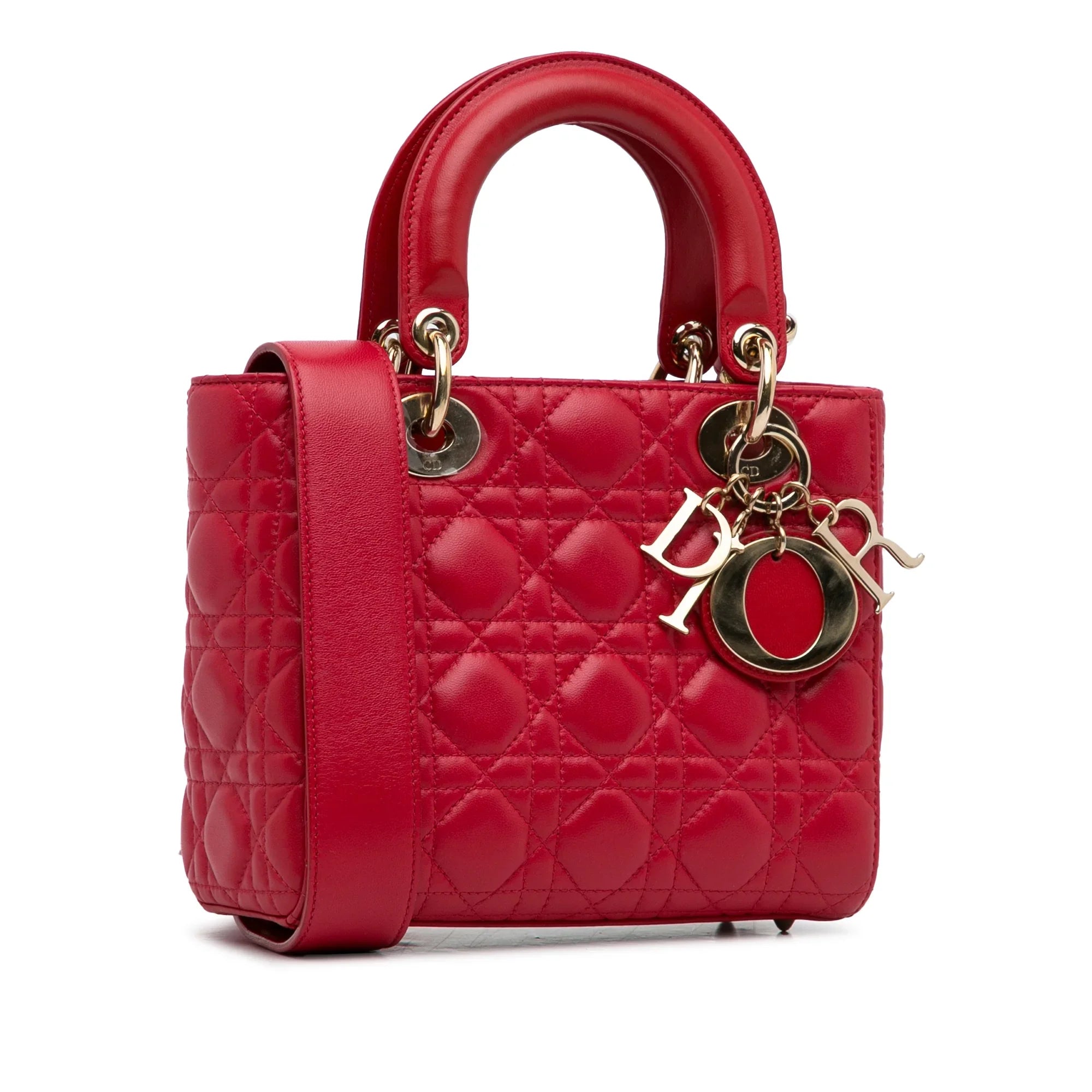 Pre-Owned Authenticated Small Lambskin Cannage My ABCDior Lady Dior Leather Red Satchel Unisex (Good)