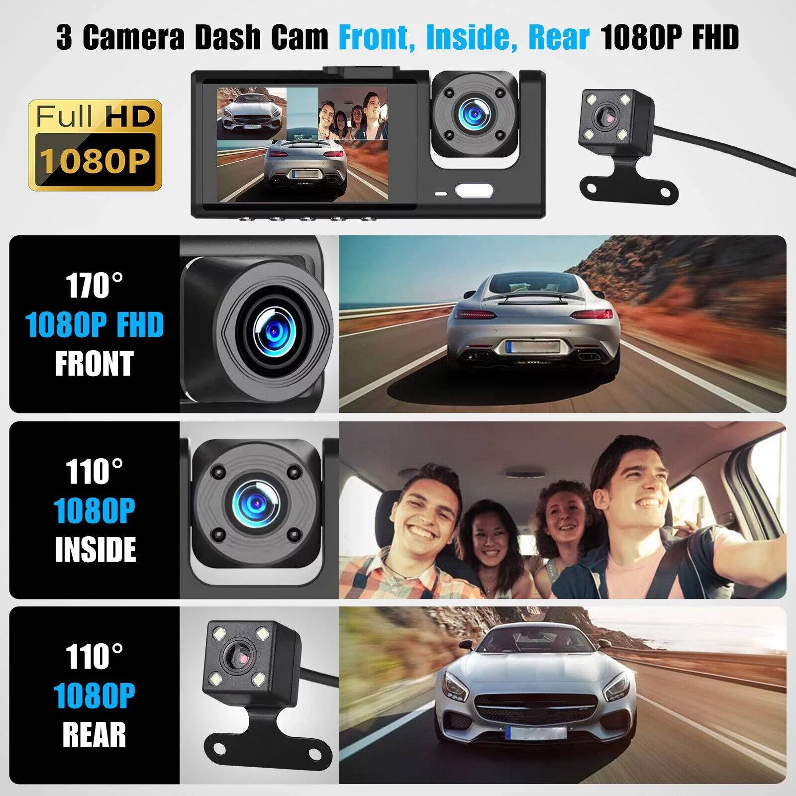 1080P Car Dual Lens Dash Cam Front/Rear/Inside Video Recorder Camera G-sensor