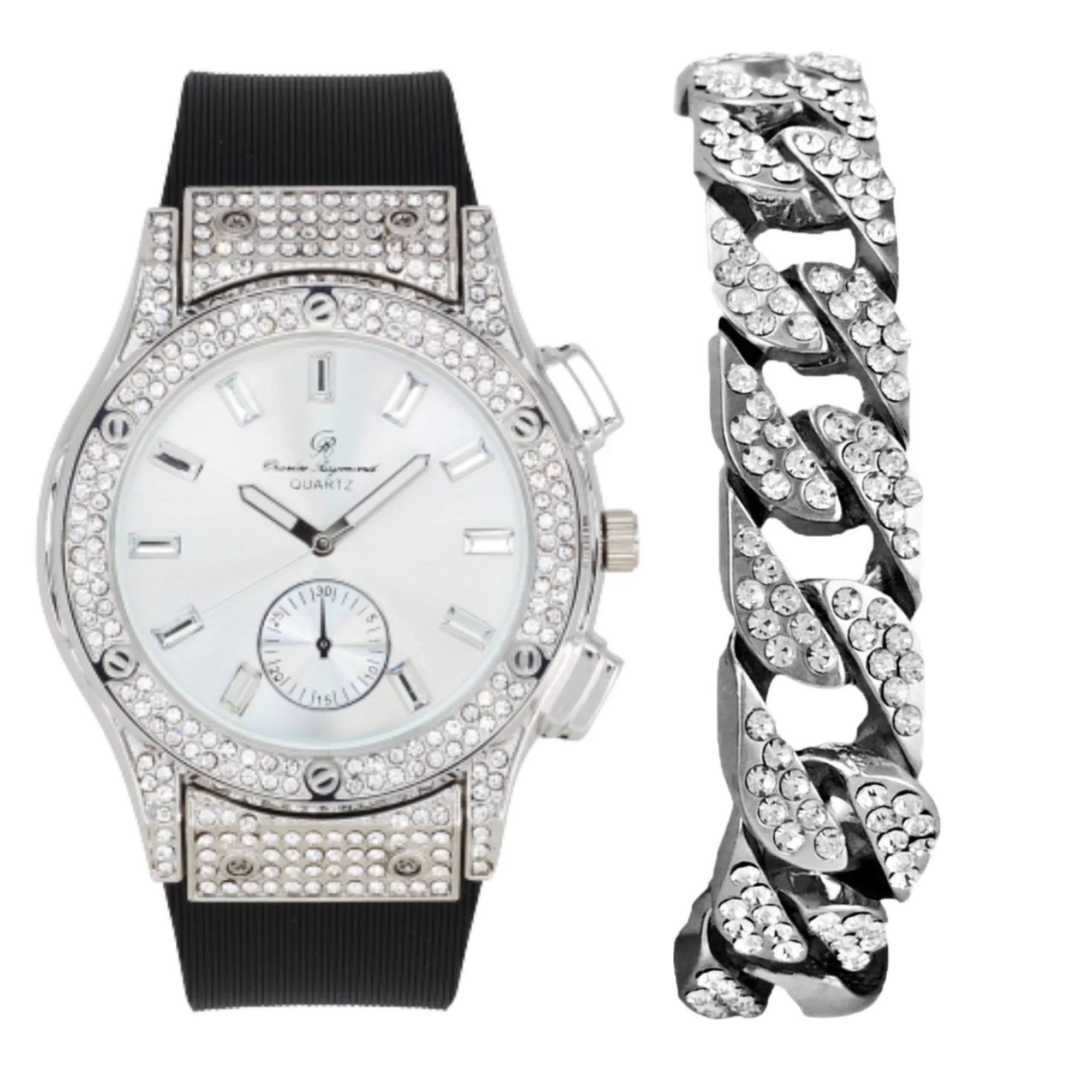 Bling-ed Out It's Lit! Hip Hop Watch & Jewerly Set w/Cuban Chain Bracelet, Kite Bling Earrings & Ring - GJM13 (8, ST10311  ) : B0CHF5CL34