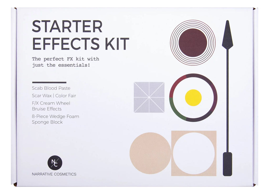 Narrative Cosmetics Starter Effects Kit - 6 Color Bruise Wheel, Scar Wax with Double Sided Spatula, Scab Blood Paste, and Foam Makeup Sponge Block - Perfect for Special  and Theatrical Makeup