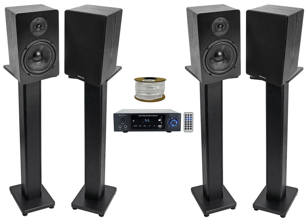Rockville  150 Amplifier w/ Bluetooth+(4) 6.5" Bookshelf Speakers+Stands