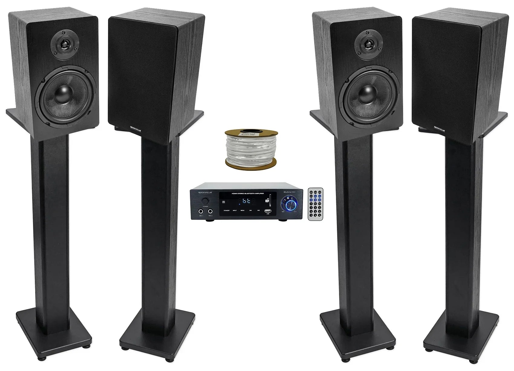 Rockville  150 Amplifier w/ Bluetooth+(4) 6.5" Bookshelf Speakers+Stands