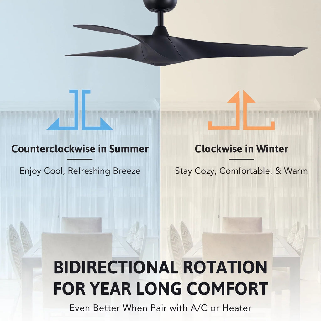 52" Smart Ceiling Fan with Remote Control, 3 Blades, 6 Speeds, Timer, Black