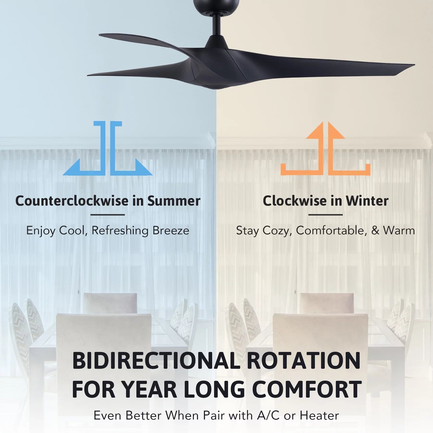 52" Smart Ceiling Fan with Remote Control, 3 Blades, 6 Speeds, Timer, Black