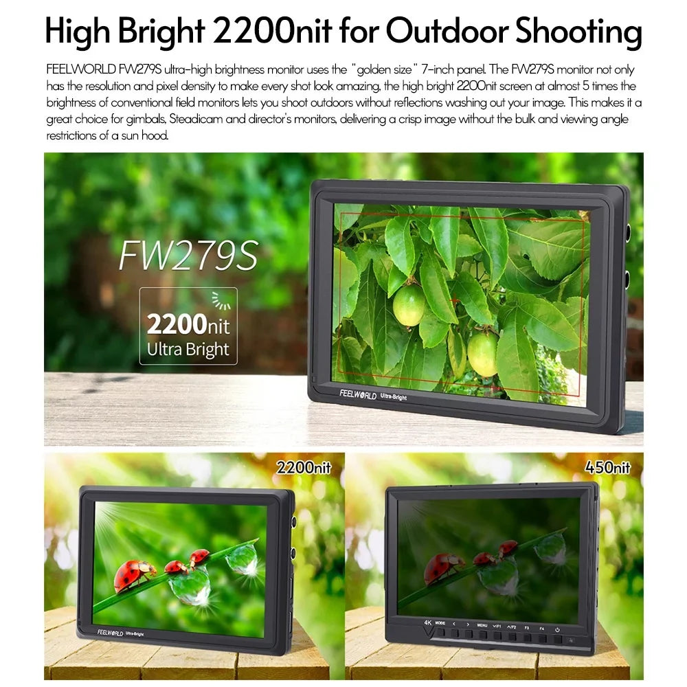 FW279S 7 Inch 2200nit Ultra Bright Daylight Viewable Field Monitor Thin Design 3G- 4K Input Output 1920*1200  Panel for Outside / Viewable Even in Direct Sunlight