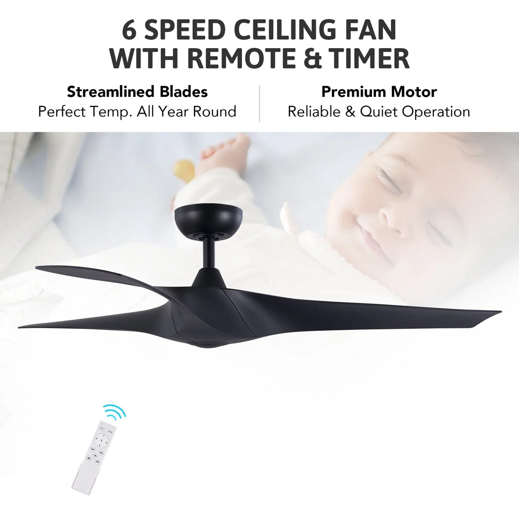 52" Smart Ceiling Fan with Remote Control, 3 Blades, 6 Speeds, Timer, Black