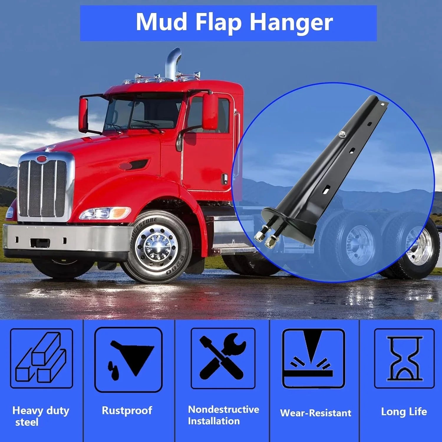 Black Straight Spring Loaded Mud Flap Hanger Bracket Mudflap Holder Set 1-1/8" Bolt Spacing 30" Length for Semi Trucks