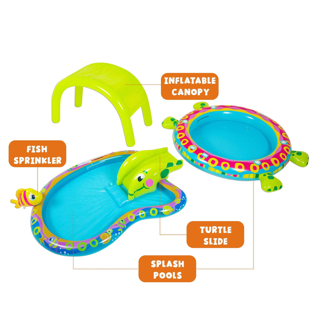 Banzai Shade 'N Slide Turtle Inflatable Kiddie Splash Pool with Sprinkler