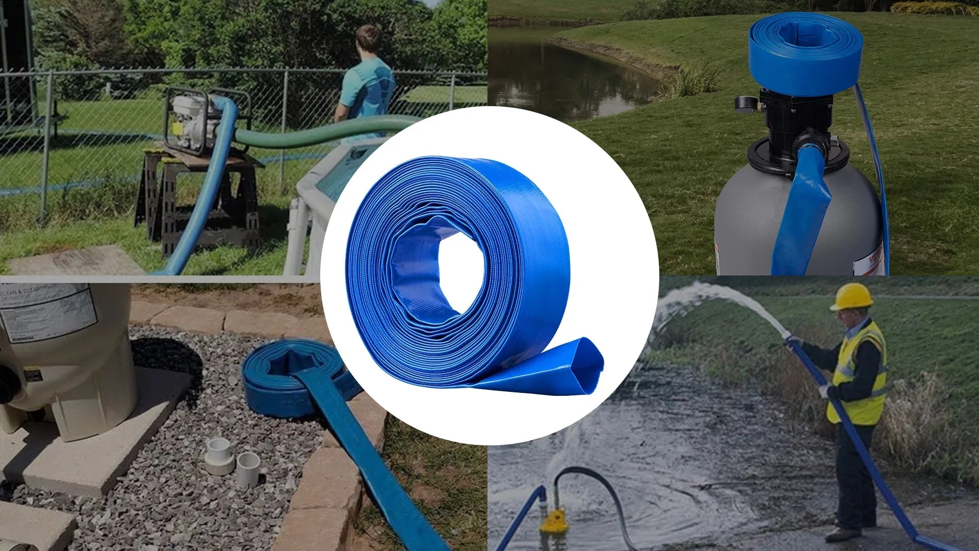 Swimming Pool Filter Backwash Hose with Clamps 2'' x 50' Premium  Lay Flat Discharge Hose Blue Weather and Chemical Resistant