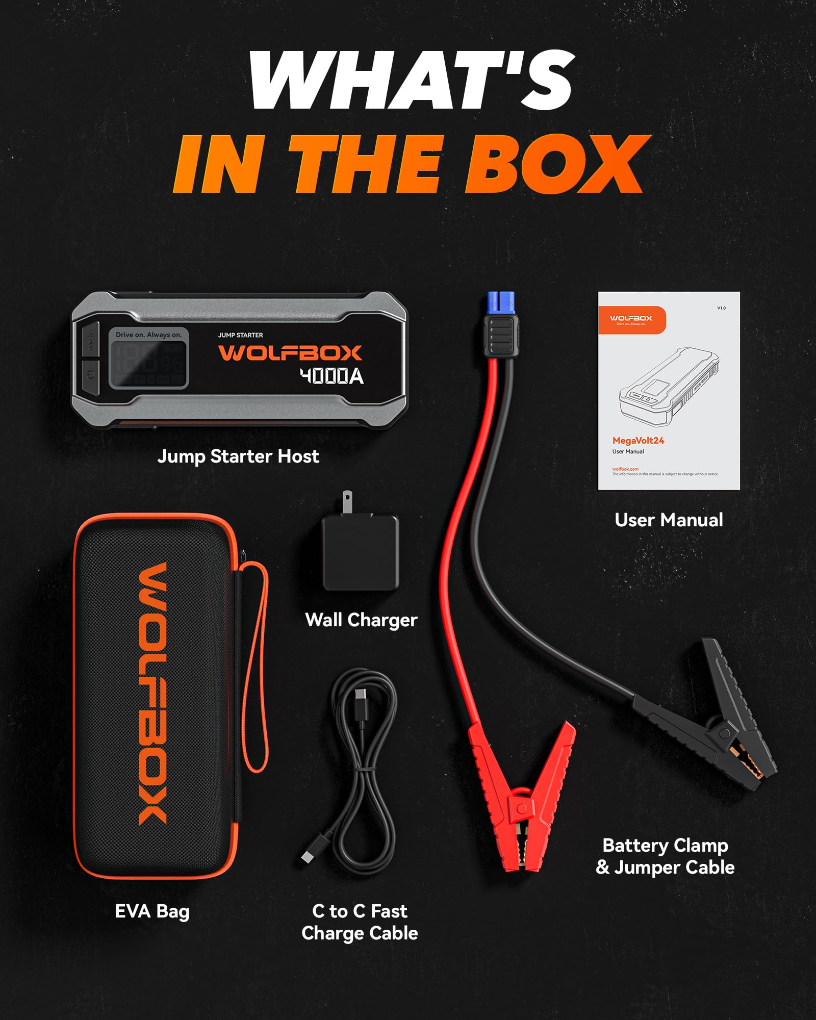 4000A 12V Car Battery Jump Starter(10L Gas 10L Diesel Engine) Powerful Car Jump Starter with 65W Quick Charger, Built-in  Light, Jumper Cables, 24000mAh Portable Jump Starter Battery Pack