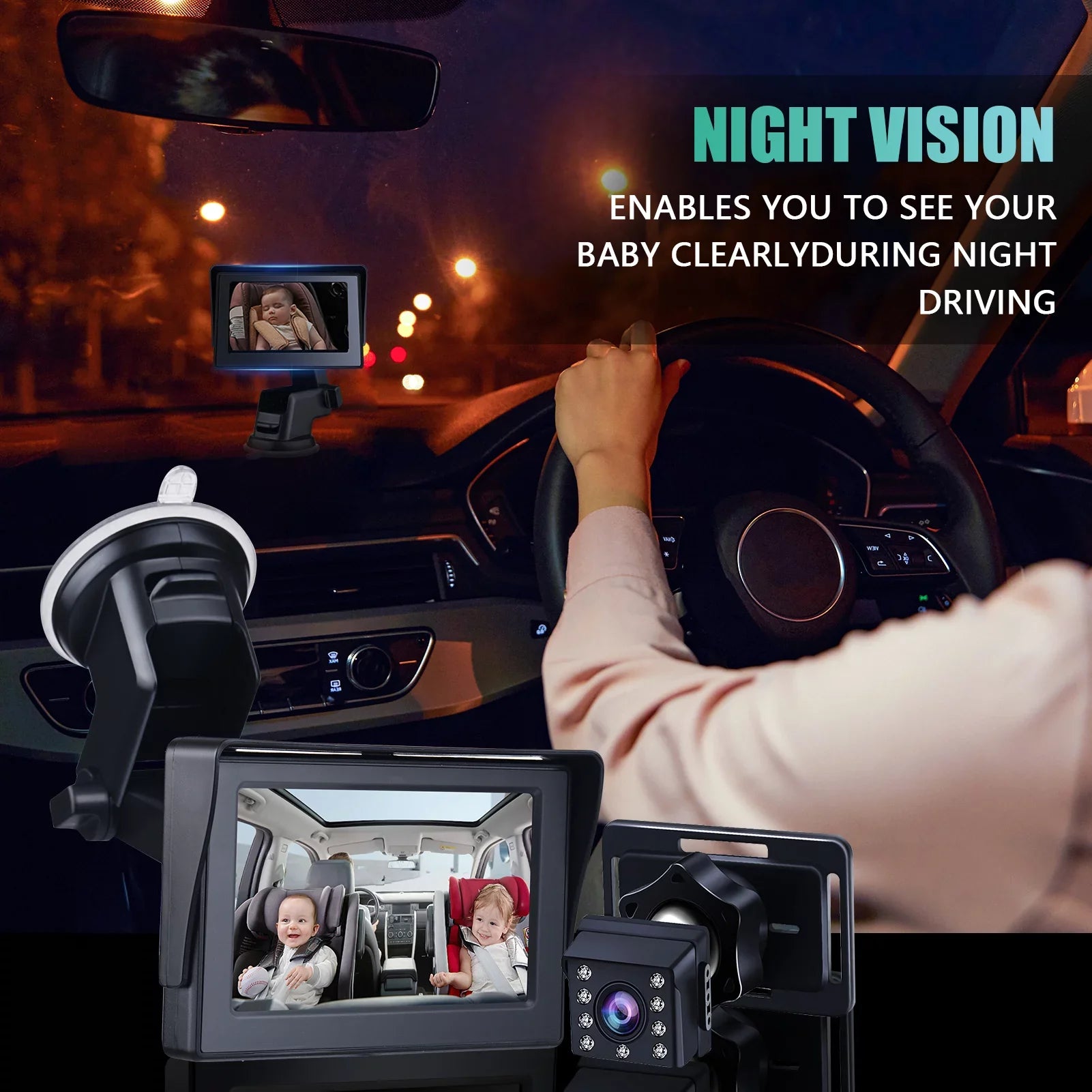 Car Mirror 1080P 4.3 Inch Car Safety Car Seat Mirror Cameras Monitored Mirrors with Wide Crystal Clear View Adjustable Angle Length 5M Long Cable