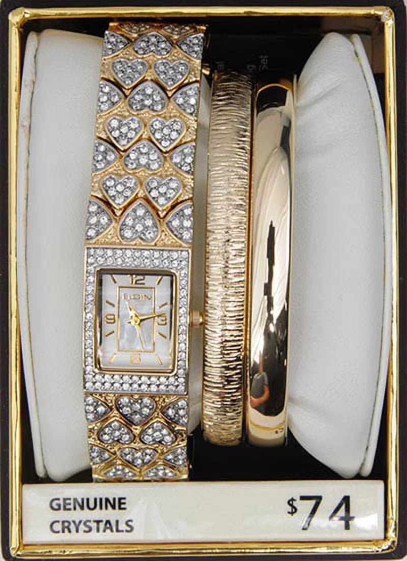 Elgin Adult Female Gold-Tone White  Round Crystal Double Bangle Watch Set (EG8012ST)