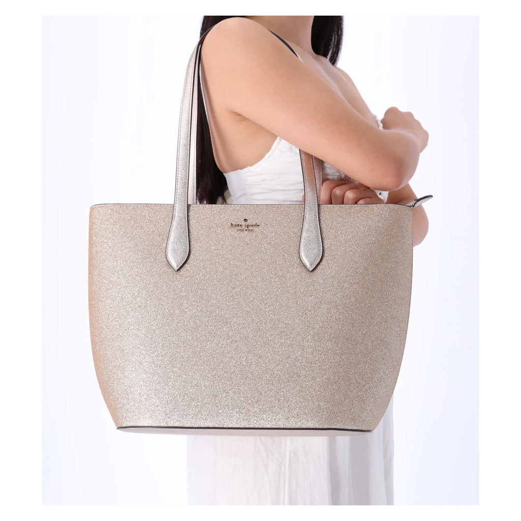 Kate Spade Glimmer Large Top Zip Tote Shoulder Bag Gold Glitter Holiday + Wallet