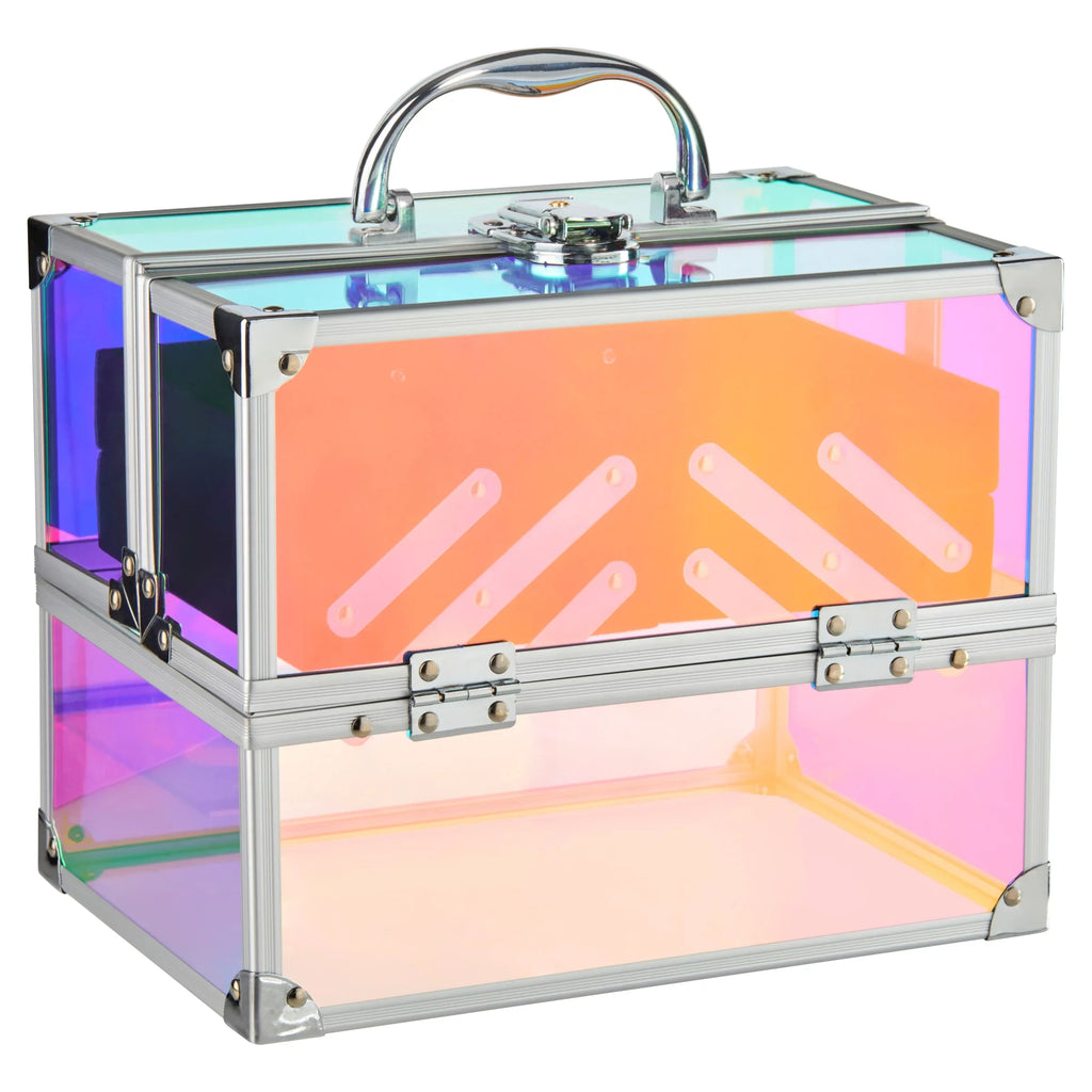 Makeup Train Case Cosmetics Organizer, Iridescent Translucent, 4 Trays, 6.7"x 9.85"x 7.9"