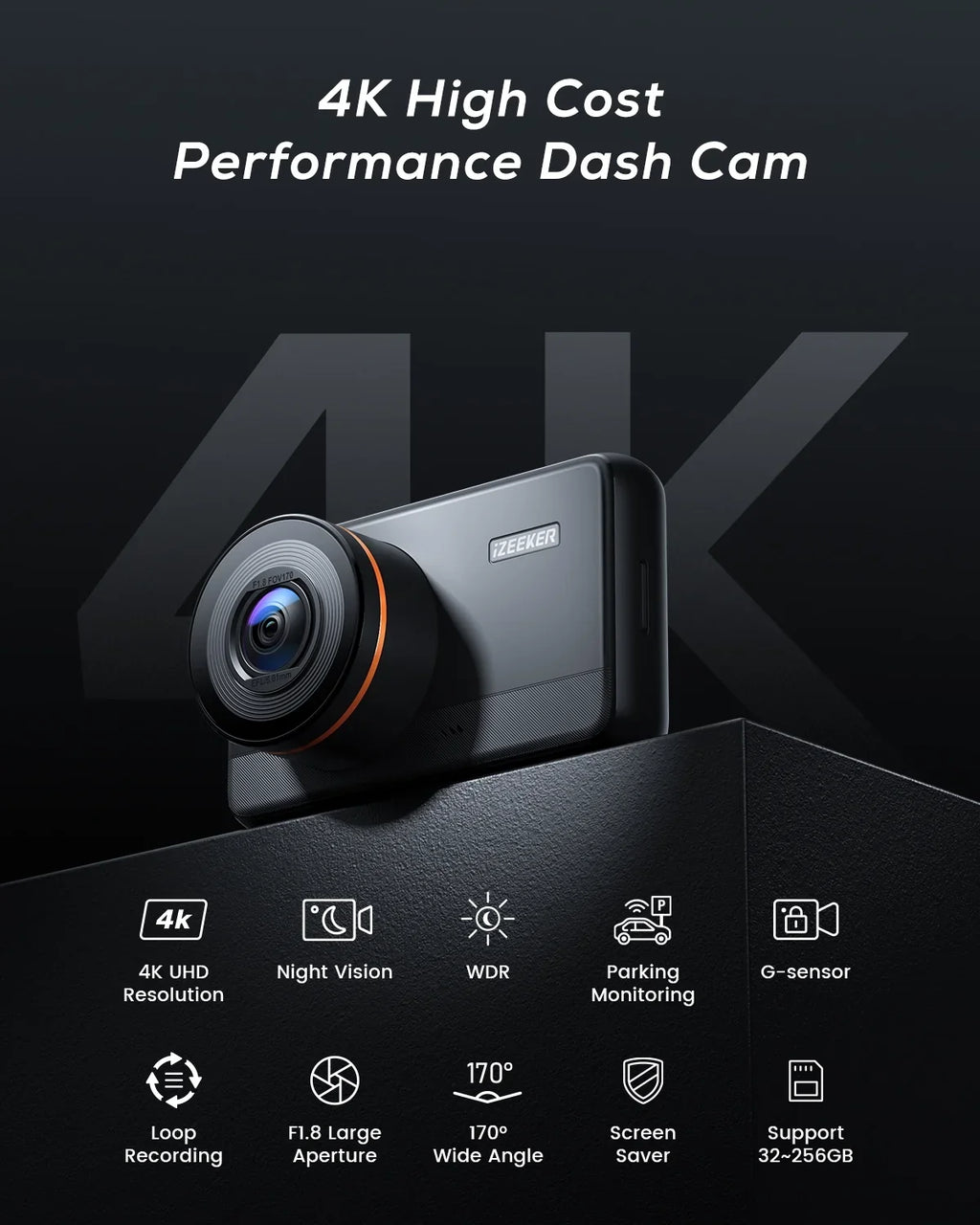iZEEKER 4K Dash Cam Front with MicroSD Card, 4K 30FPS/1080P 60FPS Dash Camera for Cars, Car Camera with Super Night Vision, , Emergency Recording, Parking Monitoring