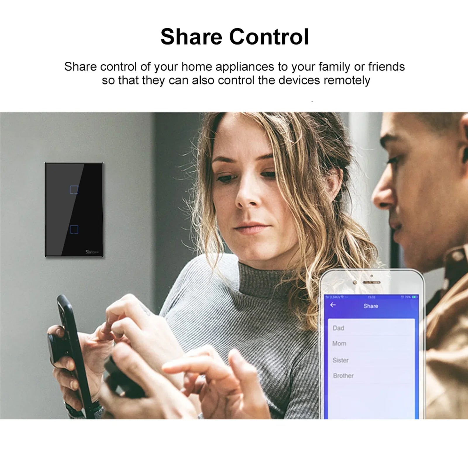 T3US2C- 2 Gang Smart WiFi Wall Light Switch 433Mhz  Remote Control /Touch Control Timer  Standard Panel Smart Switch Compatible with Google Home/Nest & Alexa