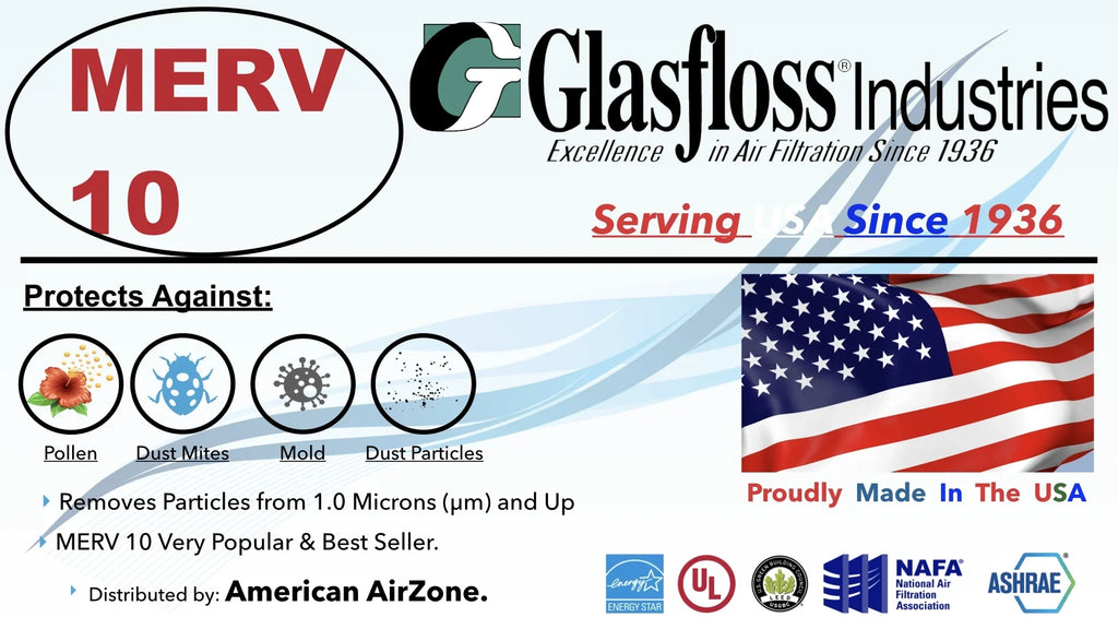 Glasfloss Air Filter 25x25x2 - 2"  10 - (Pack of 6) - Pleated  or  Air Filter - Furnace Air Filter - Home or Office - Made In The .