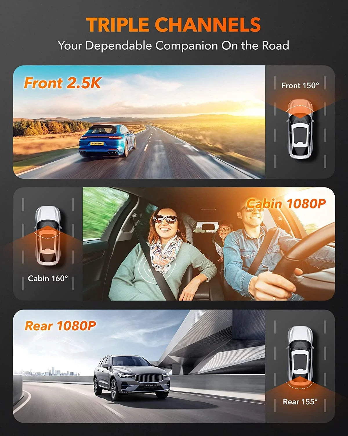 4K Dash Cam 3 Channel, WiFi&, 3"  DashCam Front and Rear with Super  Night Vision, Loop Recording, G-Sensor, 24H Parking Monitor