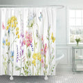Watercolor Wildflowers Tansy Yellow Buttercup Blue Pansies Tender Pink Shower Curtain 66x72 inch