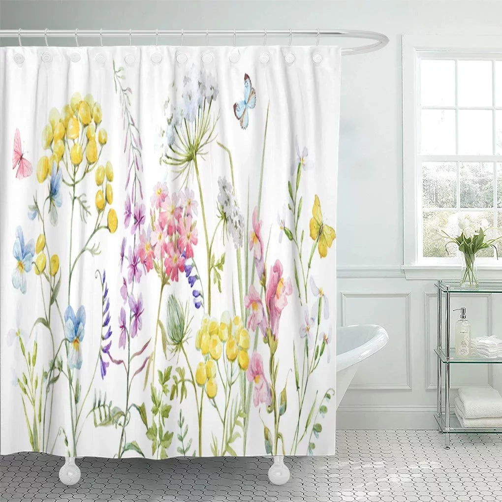 Watercolor Wildflowers Tansy Yellow Buttercup Blue Pansies Tender Pink Shower Curtain 66x72 inch