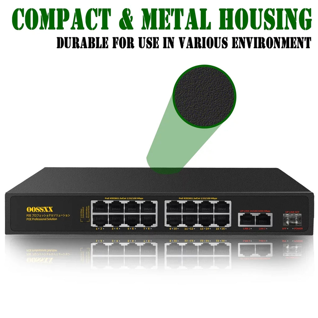 16 Port  Switch, Unmanaged Outdoor Computer Network Passthrough Powered Router, Networking Internet Ethernet Hub (16 Port PoE+/2 Gig Up-link/1 Fiber ) Power Extender Switches
