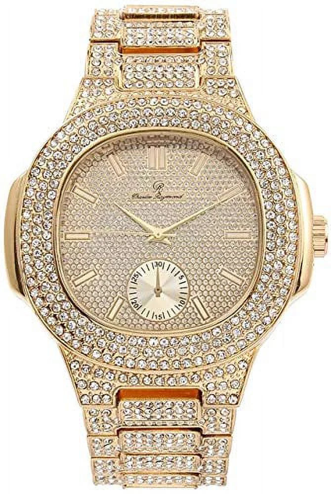 Bling-ed Out Oblong Case Metal Mens Watch w/Matching Bling-ed Out Bracelet Set - 8475B (Gold/Gold)