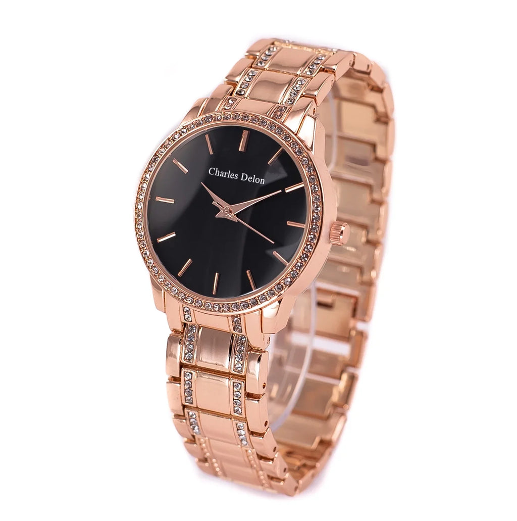 Charles Delon Women's Watch 5855  Rose Gold/Black Stainless Steel Quartz