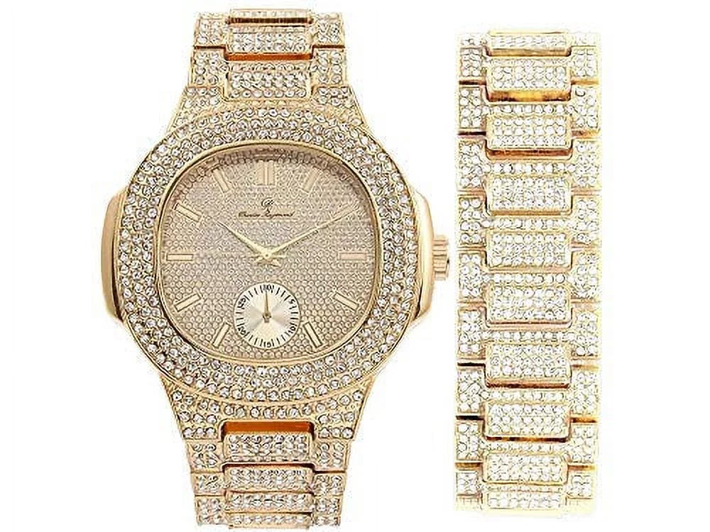 Bling-ed Out Oblong Case Metal Mens Watch w/Matching Bling-ed Out Bracelet Set - 8475B (Gold/Gold)