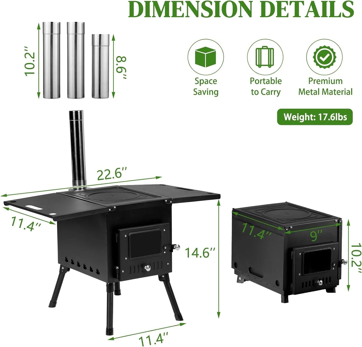 Camping Wood Stove, Outdoor Portable Tent Wood Burning Stove with Stainless Chimney Pipes, Tent Stove Jack & Gloves for Outdoor Camping Cooking and Heating 1-2 People Use(Black)