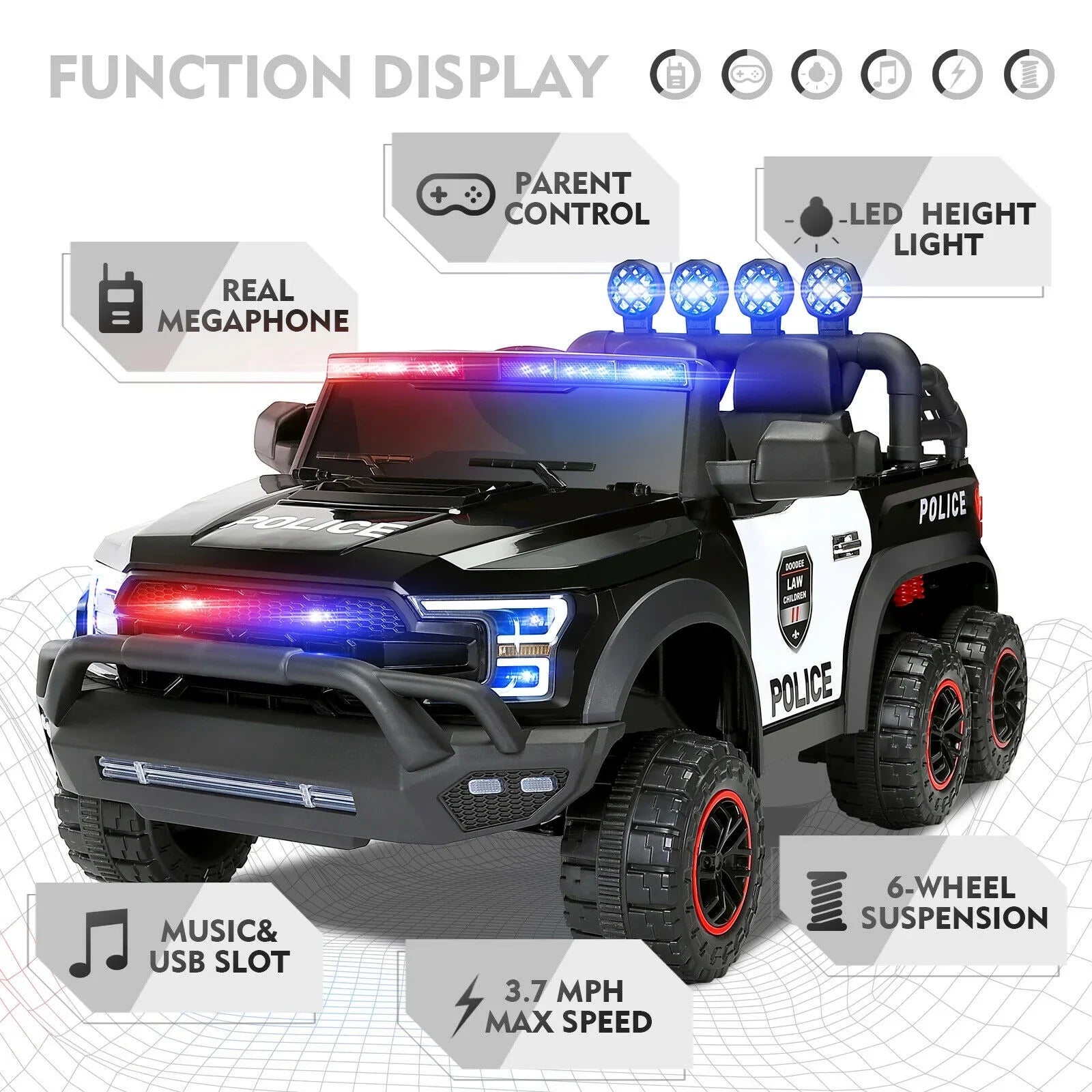 6 Wheels 12V Kids Ride on Police Car Toy with Remote Control (Black)
